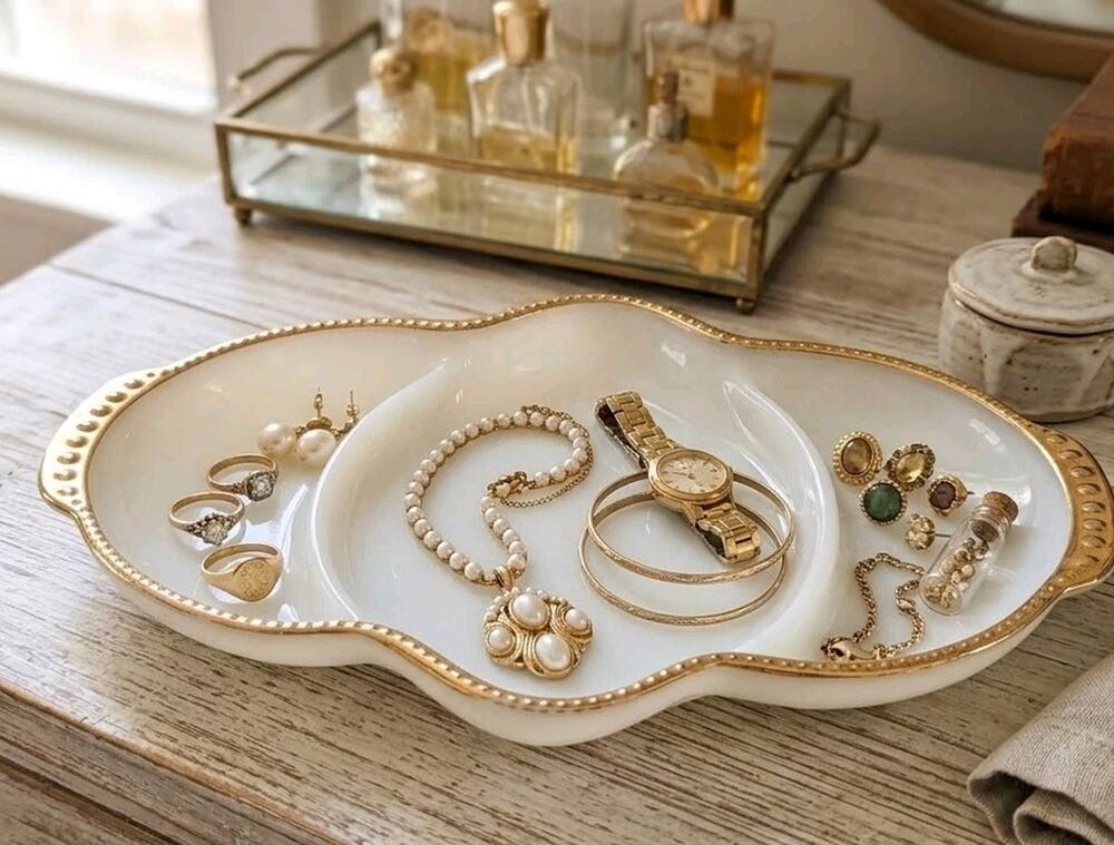 Vintage Fire-King Milk Glass Divided Vanity Trinket Dish Gold Rim Jewelry Tray